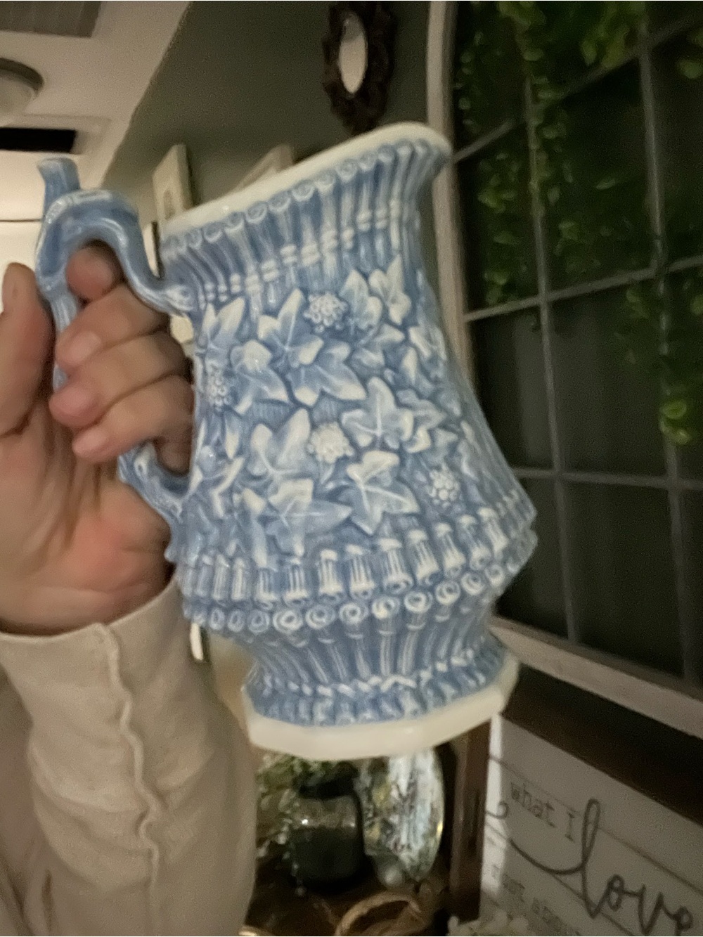 Blue Floral Relief Ceramic Pitcher - Decorative Home Art